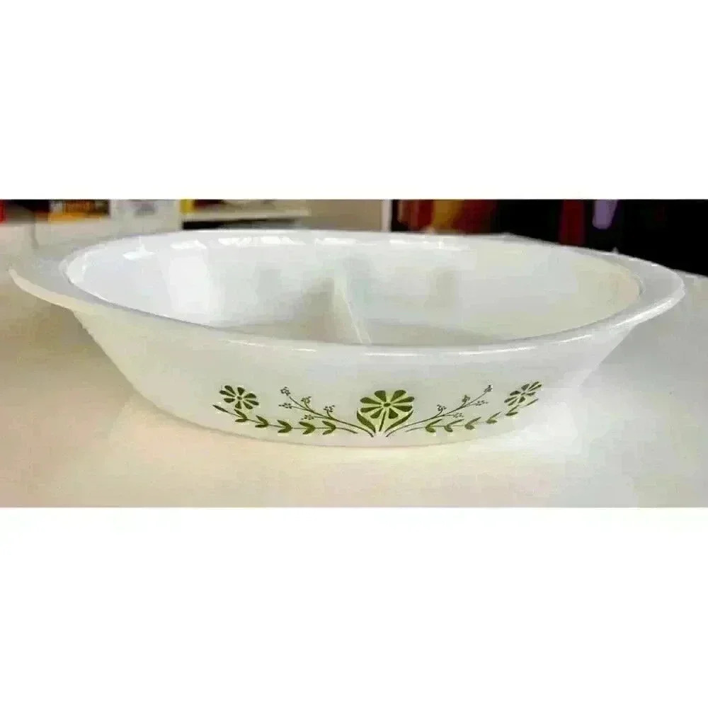 Vintage Glassbake USA Milk Glass Divided Serving Dish with Primrose Green Design